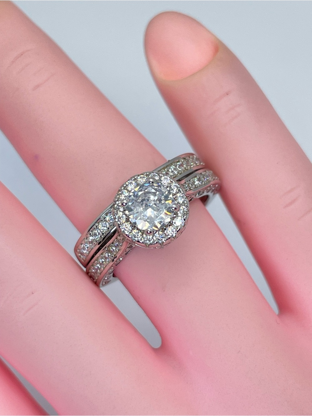 Sterling Silver CZ Halo Engagement Ring Set Two Separate Bands New